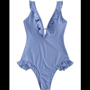 NWT ZAFUL Plunge Ribbed Ruffle One-Piece Swimsuit